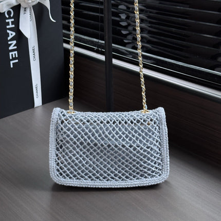 CHANEL 26S SMALL CLASSIC FLAP BAG 21 IN LIGHT BLUE OPEN-WEAVE CROCHET GOLD HARDWARE