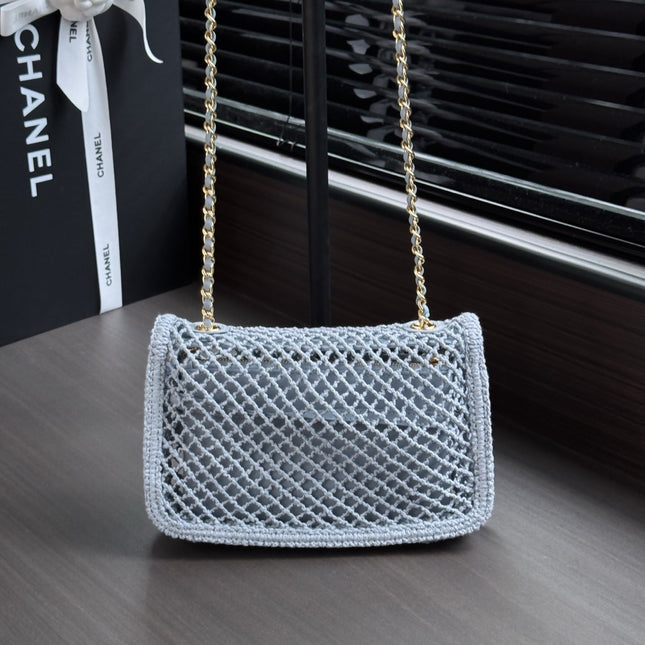 CHANEL 26S SMALL CLASSIC FLAP BAG 21 IN LIGHT BLUE OPEN-WEAVE CROCHET GOLD HARDWARE