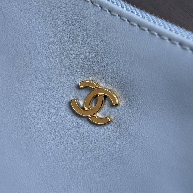 CHANEL 26S SMALL CLASSIC FLAP BAG 21 IN LIGHT BLUE OPEN-WEAVE CROCHET GOLD HARDWARE