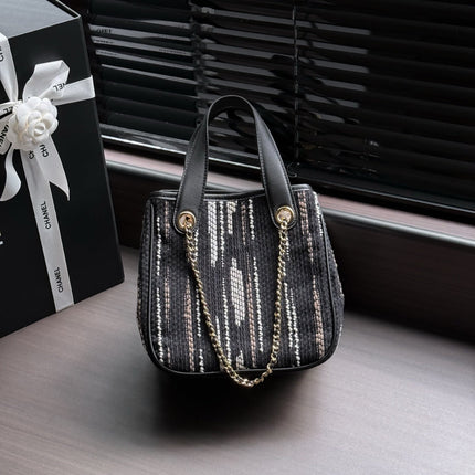 CHANEL 26S SHOPPING TOTE 21 IN BLACK WITH WHITE VERTICAL-STRIPED TWEED