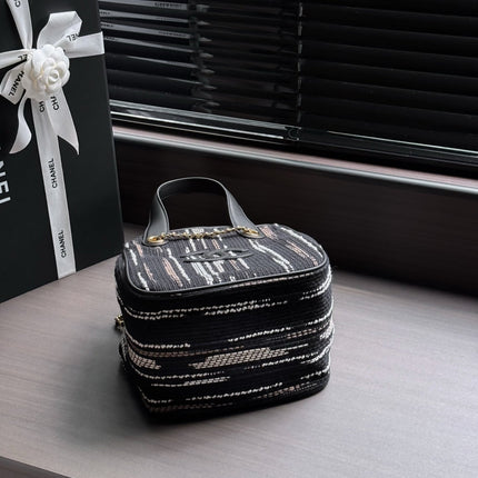 CHANEL 26S SHOPPING TOTE 21 IN BLACK WITH WHITE VERTICAL-STRIPED TWEED