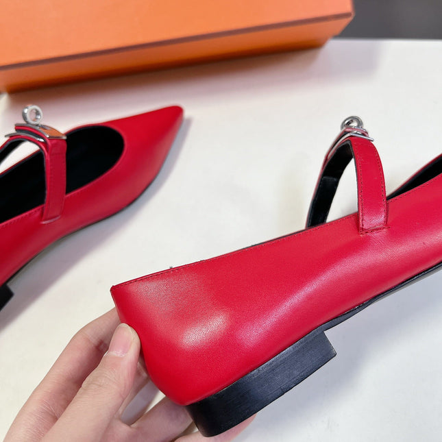 HM 26S KELLY BUCKLE MARY JANE POINTED FLATS IN RED CALFSKIN