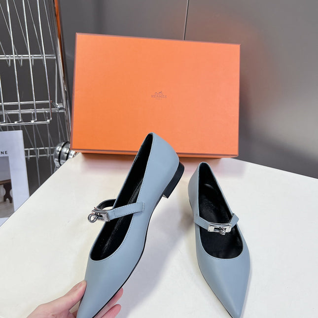 HM 26S KELLY BUCKLE MARY JANE POINTED FLATS IN LIGHT BLUE CALFSKIN