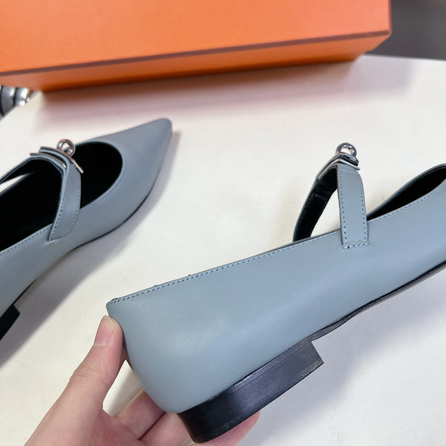 HM 26S KELLY BUCKLE MARY JANE POINTED FLATS IN LIGHT BLUE CALFSKIN