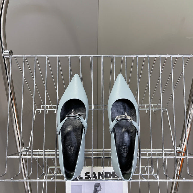 HM 26S KELLY BUCKLE MARY JANE POINTED FLATS IN LIGHT BLUE CALFSKIN