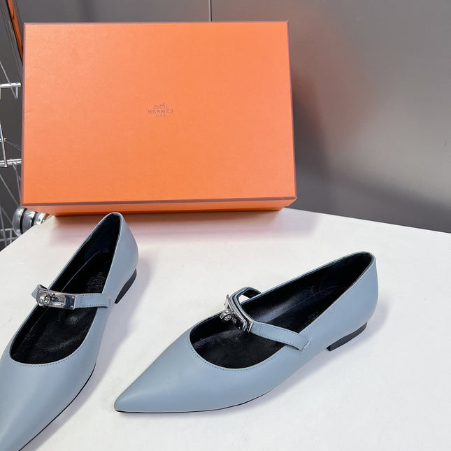 HM 26S KELLY BUCKLE MARY JANE POINTED FLATS IN LIGHT BLUE CALFSKIN