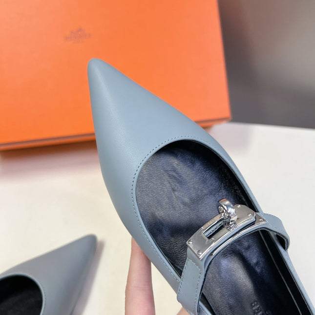HM 26S KELLY BUCKLE MARY JANE POINTED FLATS IN LIGHT BLUE CALFSKIN