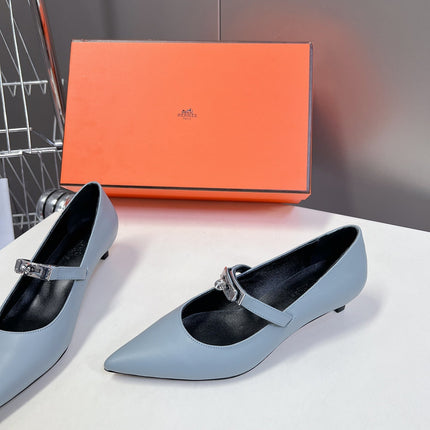 HM 26S MARY JANE POINTED TOE HEELS 40MM IN LIGHT BLUE CALFSKIN KELLY BUCKLE