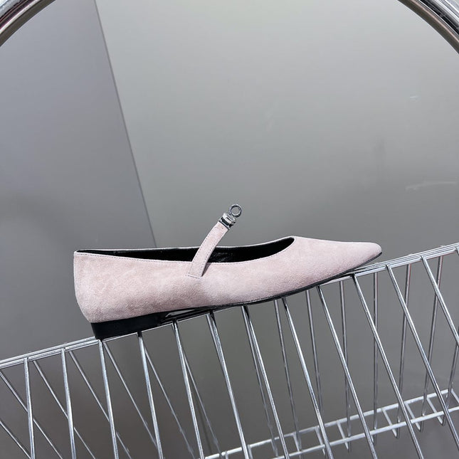 HM 26S KELLY BUCKLE MARY JANE POINTED FLATS IN TAUPE BROWN SUEDE