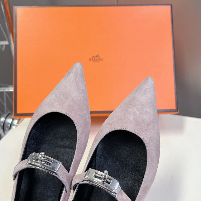 HM 26S KELLY BUCKLE MARY JANE POINTED FLATS IN TAUPE BROWN SUEDE