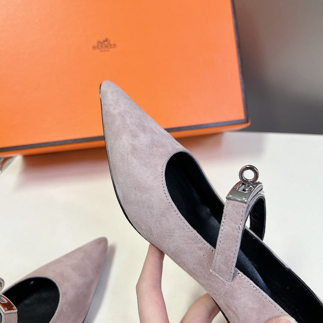 HM 26S MARY JANE POINTED TOE HEELS 40MM IN TAUPE BROWN SUEDE KELLY BUCKLE