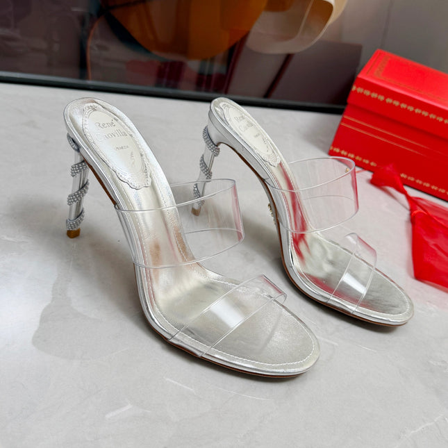 RENE CAOVILLA 26S HEELED SANDALS 95 MM IN SILVER LAMBSKIN AND TRANSPARENT PVC