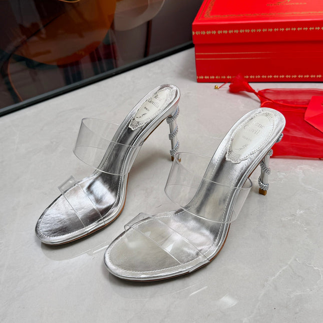 RENE CAOVILLA 26S HEELED SANDALS 95 MM IN SILVER LAMBSKIN AND TRANSPARENT PVC