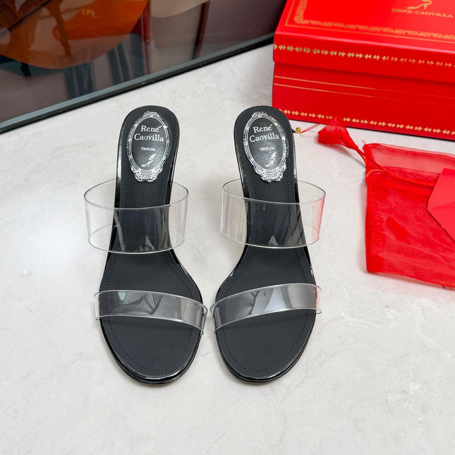 RENE CAOVILLA 26S HEELED SANDALS 95 MM IN BLACK LAMBSKIN AND TRANSPARENT PVC