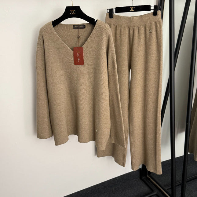 LORO PIANA 26S V-NECK KNIT SWEATER & WIDE-LEG PANTS SET 929
