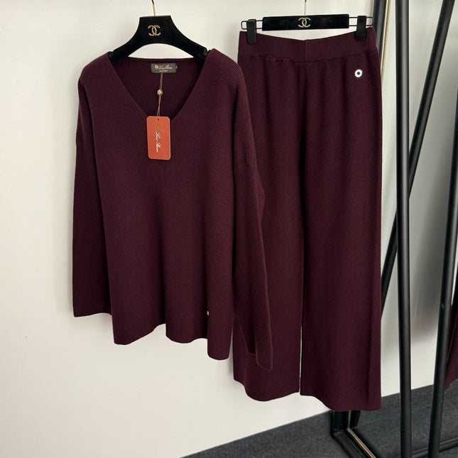 LORO PIANA 26S V-NECK KNIT SWEATER & WIDE-LEG PANTS SET 928