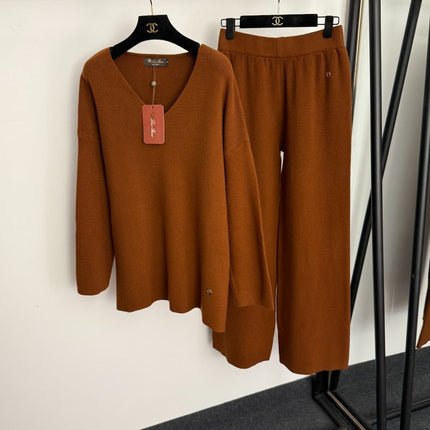 LORO PIANA 26S V-NECK KNIT SWEATER & WIDE-LEG PANTS SET 933