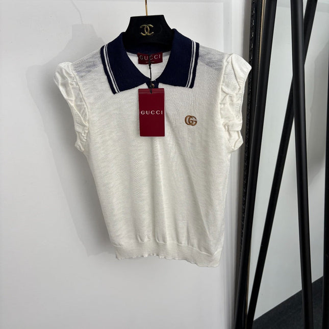 GUCCI 26S PUFF-SLEEVE KNIT POLO TOP 384