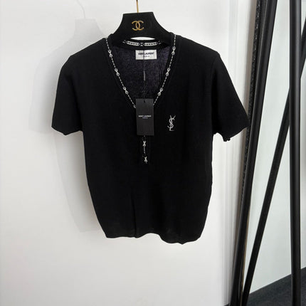 YSL 26S SHORT-SLEEVE V-NECK KNIT TOP 498