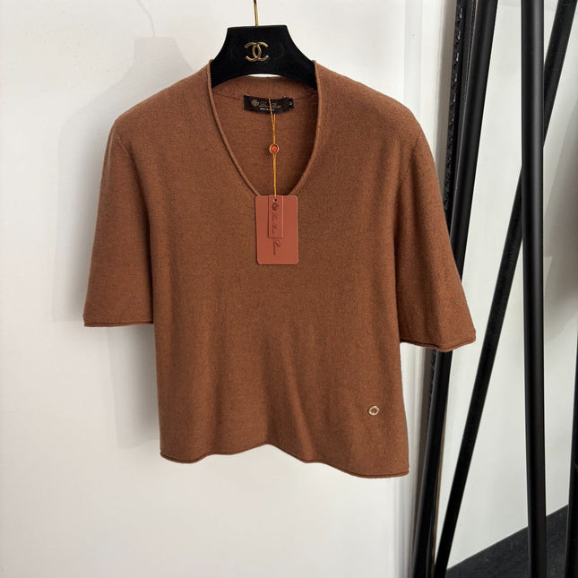LORO PIANA 26S SHORT-SLEEVE V-NECK KNIT TOP 917