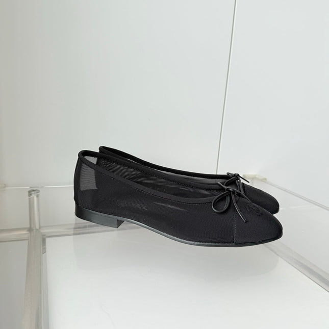 CHANEL 26S BALLET FLATS IN BLACK MESH TOE CAP AND BOW