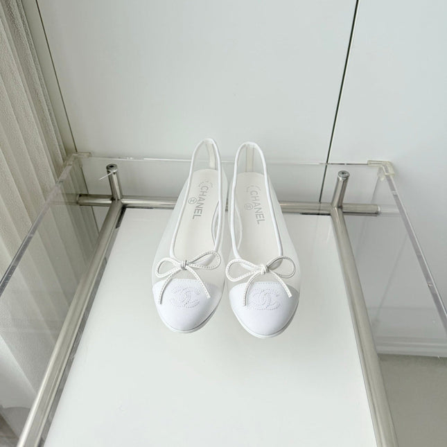 CHANEL 26S BALLET FLATS IN WHITE MESH TOE CAP AND BOW