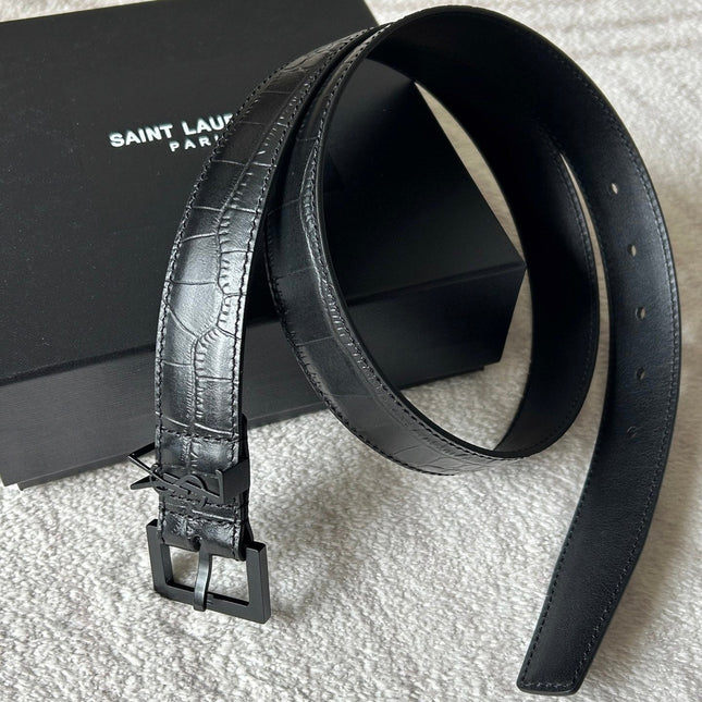 YSL 25S BELT 30 MM IN BLACK CROCODILE-EMBOSSED LEATHER 543667