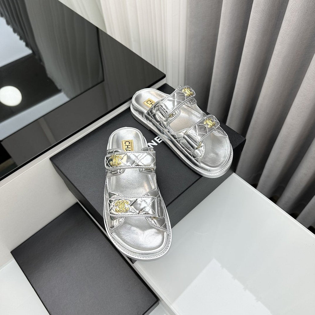 dad sandals silver metalic lambskin mules