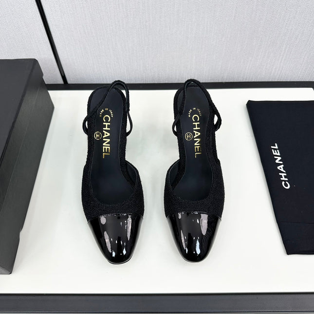 HIGH SLINGBACK BLACK TWEED AND CALFSKIN