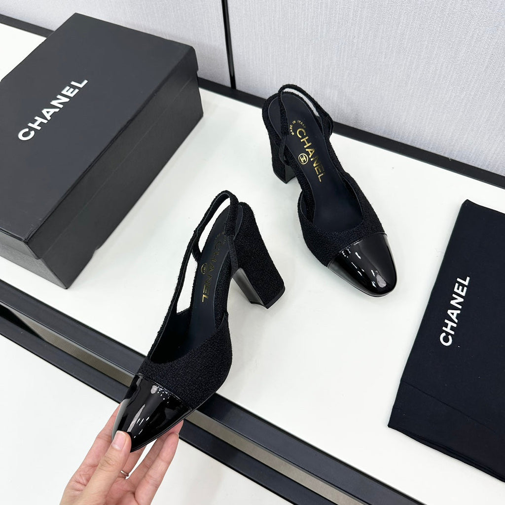 HIGH SLINGBACK BLACK TWEED AND CALFSKIN
