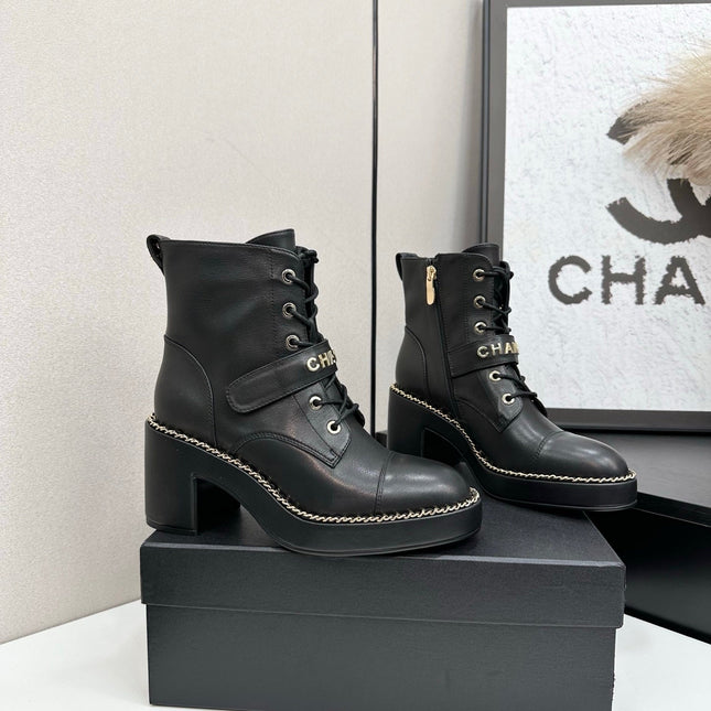 CHANEL 25S LACE-UP HEELED ANKLE BOOTS IN BLACK CALFSKIN