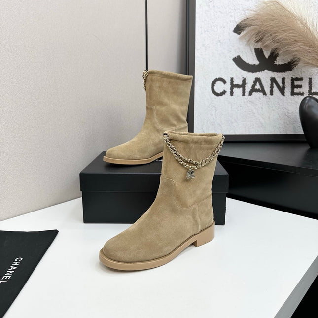 CHANEL 25S SHORT BOOTS IN LIGHT GOLD SUEDE SILVER HARDWARE