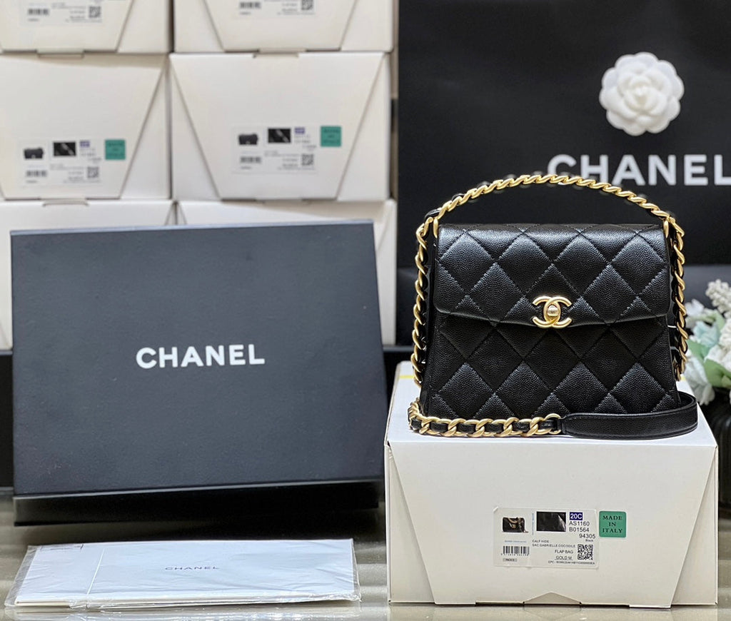 25S CHANEL TOTE CROSSBODY BAG 19 IN BLACK CALFSKIN WITH METAL HANDLE