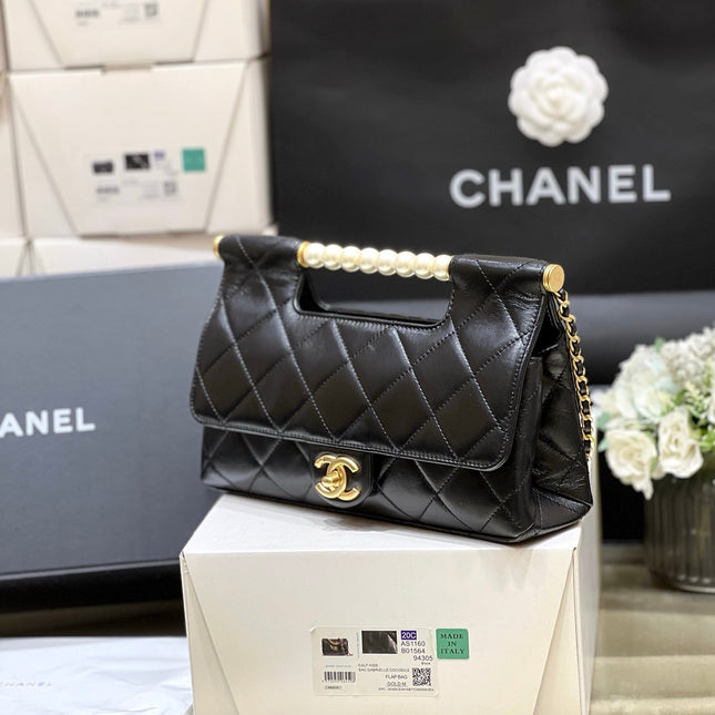 PEARL TOP HANDLE BAG 25 IN BLACK LAMBSKIN GOLD HARDWARE