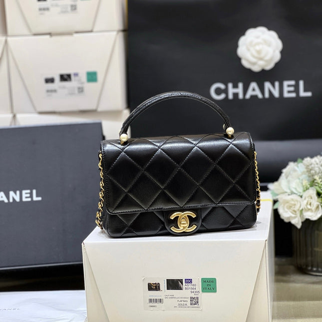 CC MINI TOP HANDLE FLAP BAG 20 IN BLACK CALFSKIN