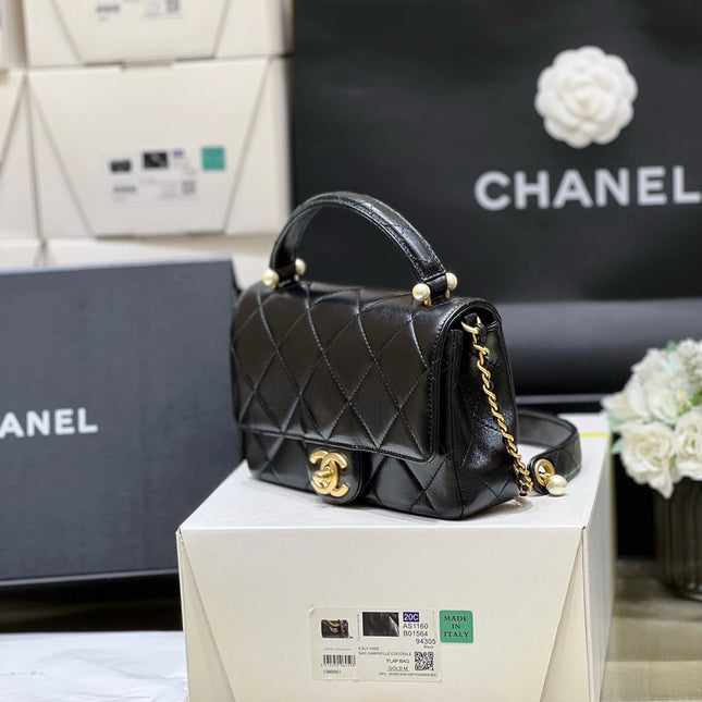 CC MINI TOP HANDLE FLAP BAG 20 IN BLACK CALFSKIN
