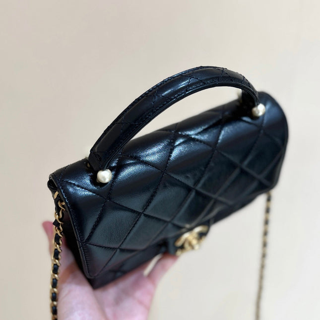 CC MINI TOP HANDLE FLAP BAG 20 IN BLACK CALFSKIN