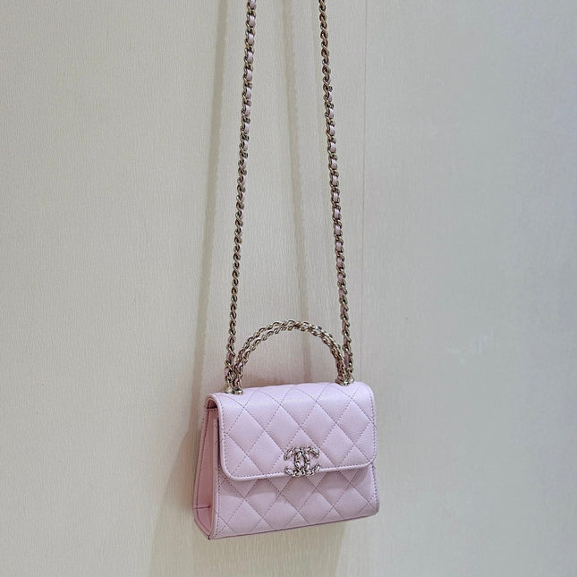 QUILTED FLAP BAG WITH HANDLE 18 IN BABY PINK LAMBSKIN GOLD HARDWARE