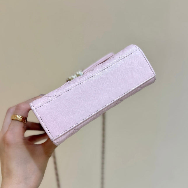 QUILTED MINI FLAP BAG WITH HANDLE 14 IN BABY PINK LAMBSKIN GOLD PLATED METAL