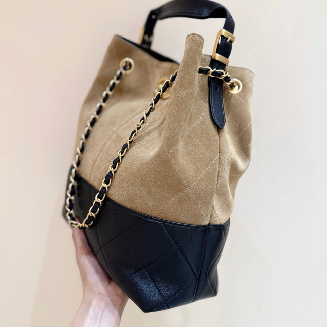 CHANEL 25S SHOPPING BAG 33 IN BROWN AND BLACK SUEDE CALFSKIN