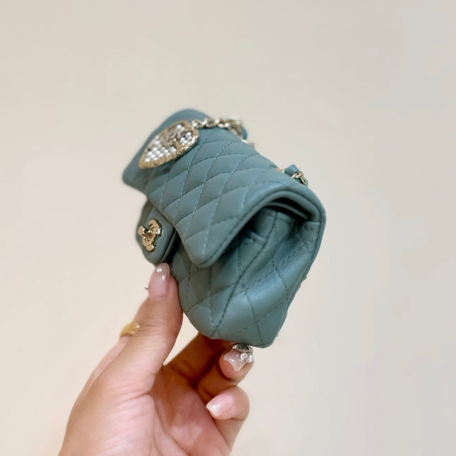 CHANEL 25S FLAP CHARM BAG 13 IN TEAL BLUE LAMBSKIN