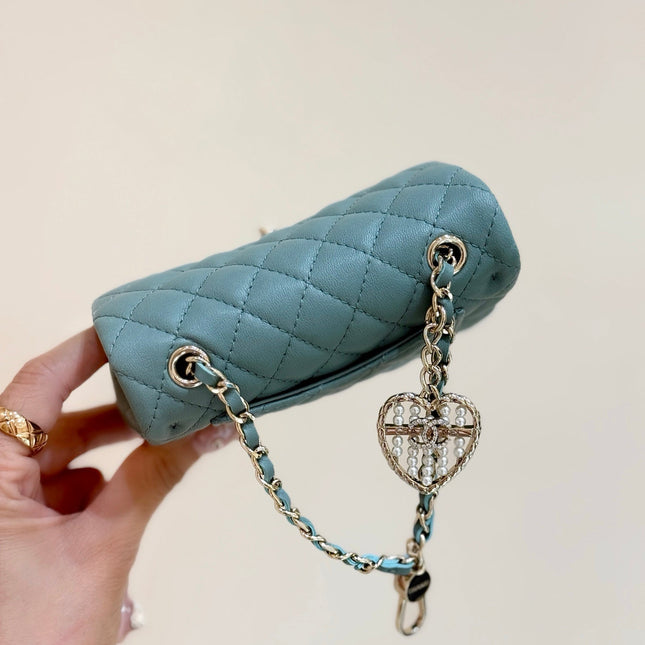 CHANEL 25S FLAP CHARM BAG 13 IN TEAL BLUE LAMBSKIN