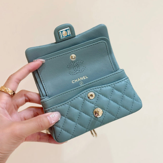 CHANEL 25S FLAP CHARM BAG 13 IN TEAL BLUE LAMBSKIN