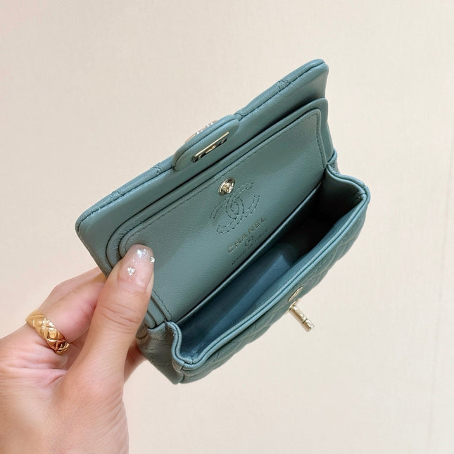 CHANEL 25S FLAP CHARM BAG 13 IN TEAL BLUE LAMBSKIN