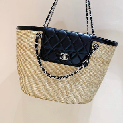 CHANEL 26S TOTE BAG 18 IN BEIGE FABRIC AND BLACK CALFSKIN