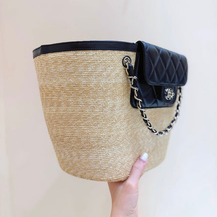 CHANEL 26S TOTE BAG 25 IN BEIGE FABRIC AND BLACK CALFSKIN