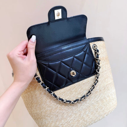 CHANEL 26S TOTE BAG 18 IN BEIGE FABRIC AND BLACK CALFSKIN