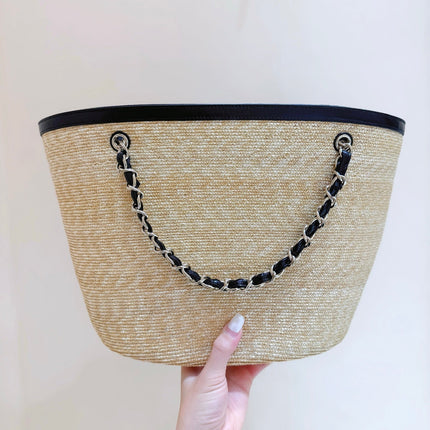 CHANEL 26S TOTE BAG 25 IN BEIGE FABRIC AND BLACK CALFSKIN
