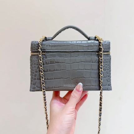 CHANEL 26S MINI BOX BAG 14 IN GRAY CALFSKIN LIZARD EMBOSSED