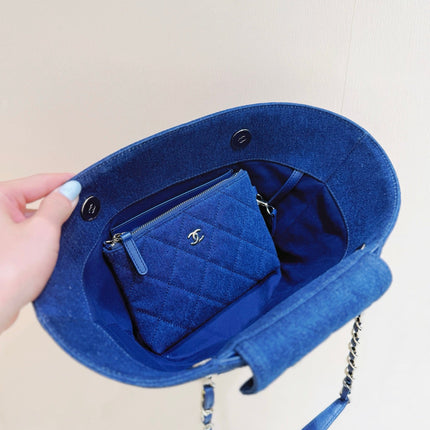 CHANEL 26S TOTE BAG 18 IN BEIGE FABRIC AND BLUE CALFSKIN